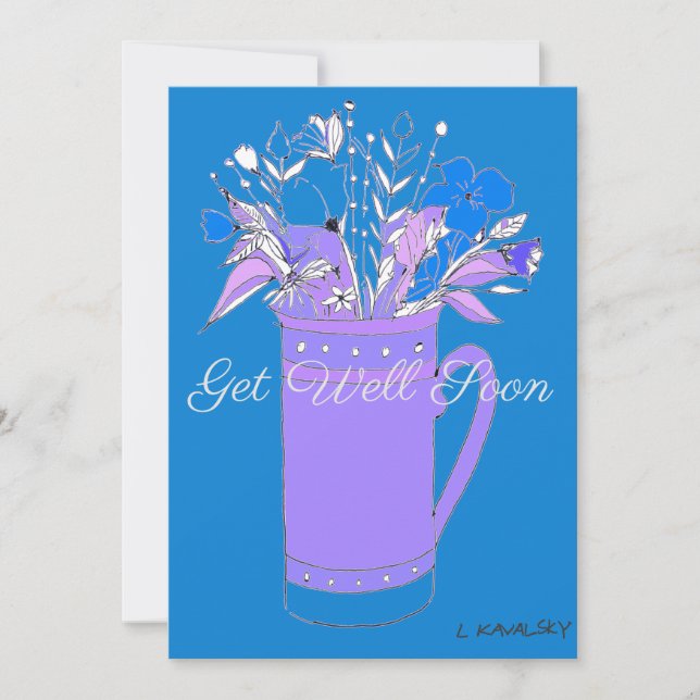 Blue Colourful Get Well Flowers In A Mug Card (Front)