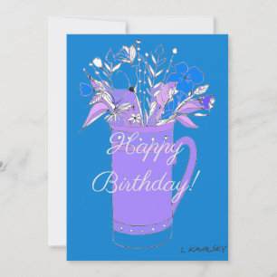 Blue Colourful Happy Birthday Flowers In Mug Holiday Card