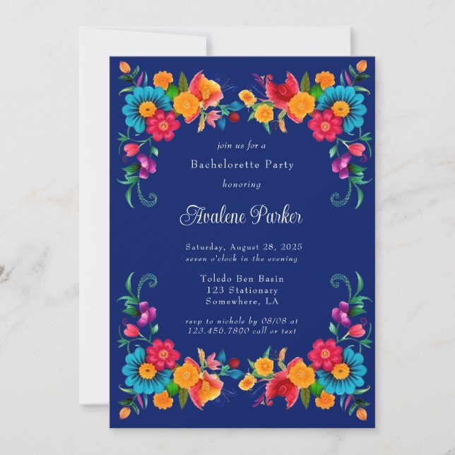 Blue Colourful Mexican Fiesta Bachelorette Party Invitation (Front)