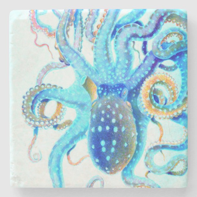 Blue colourful Octopus Stone Coaster (Front)