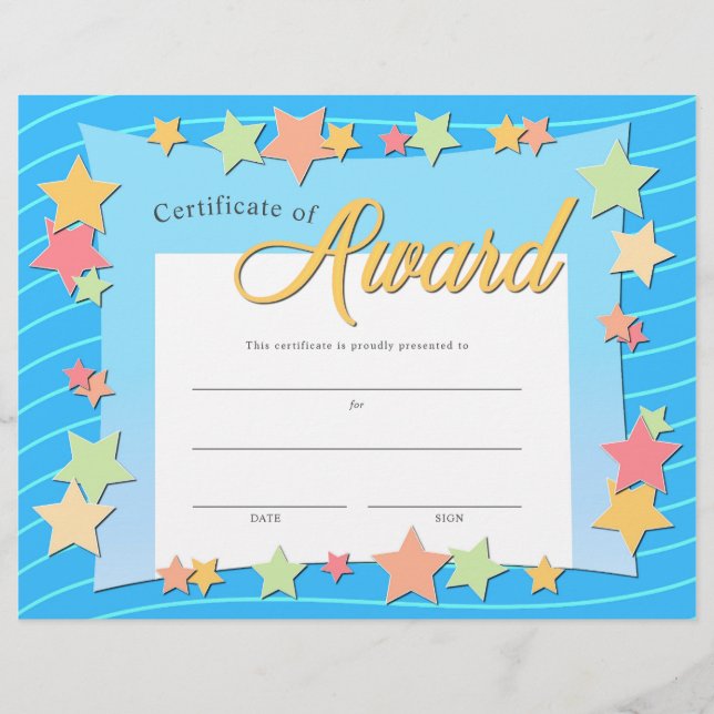 Blue Colourful Stars Kid's Certificate Award Flyer (Front)