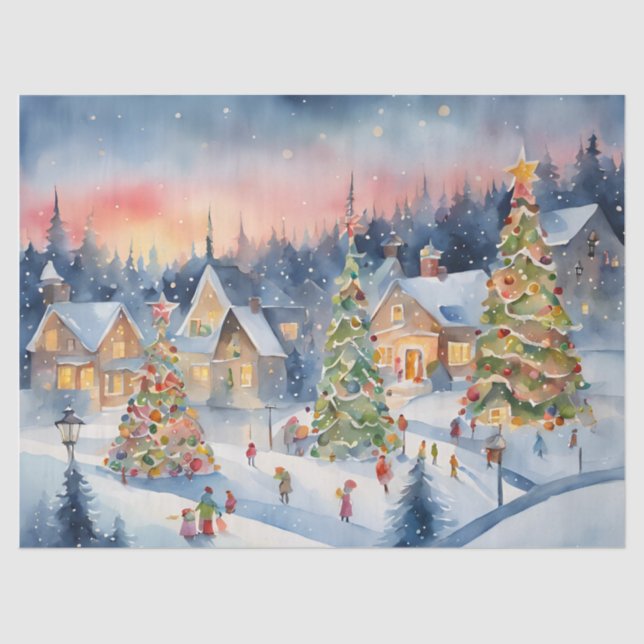 Blue Colourful Watercolor Decoupage Winter Scene Tissue Paper (Front)