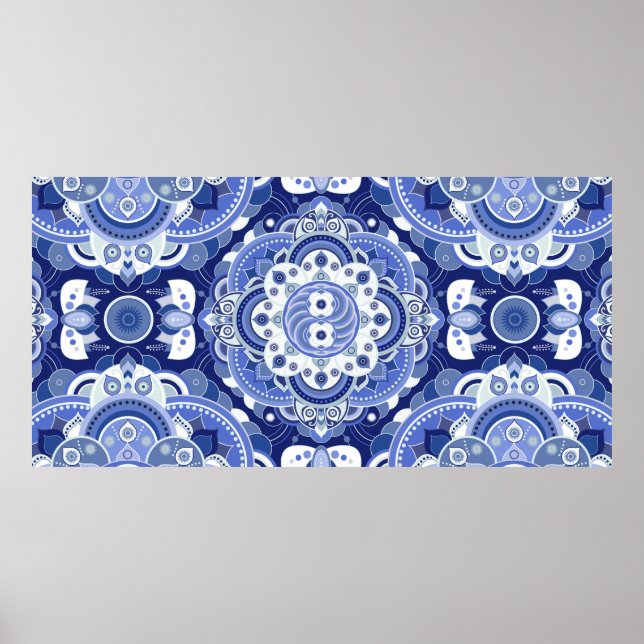 Blue colours vintage geometric pattern. Light indi Poster (Front)