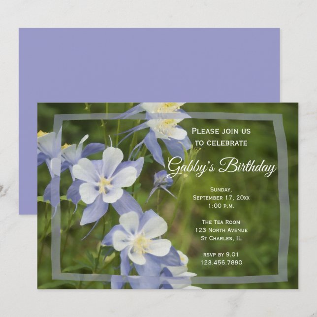 Blue Columbine Flowers Birthday Party Invitation (Front/Back)