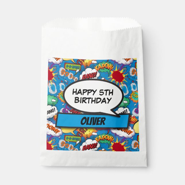 Blue Comic Book Superhero Birthday Party Favour Bag (Front)