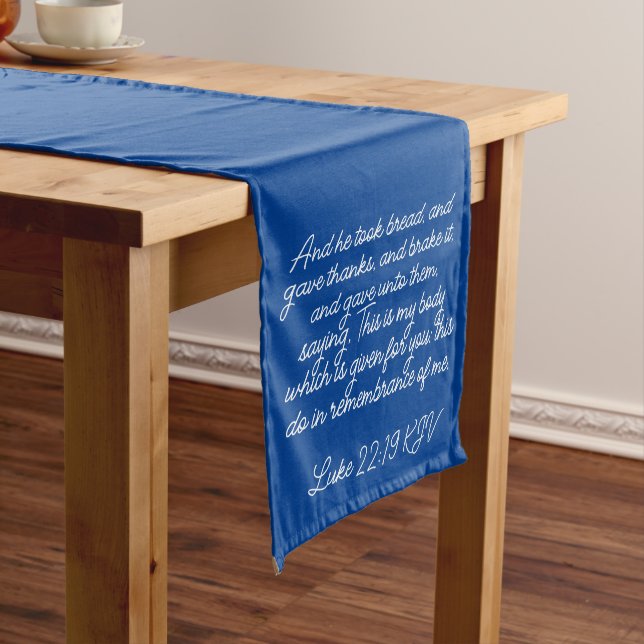 Blue Communion Table Runner Luke 22:19-20 KJV (In Situ)