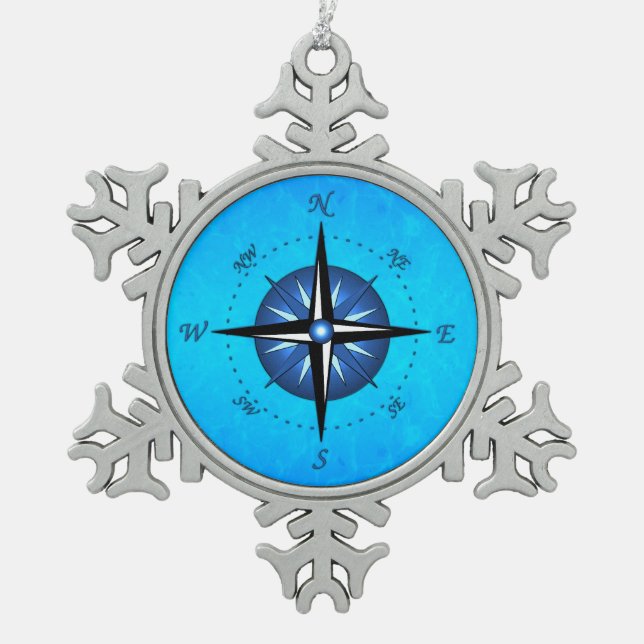 Blue Compass Rose Snowflake Pewter Christmas Ornament (Front)