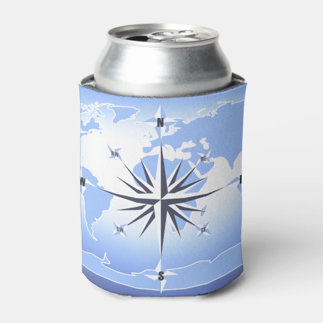 Blue Compass Rose World Map Can Cooler (Can Front)