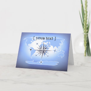 Blue Compass Rose World Map Card