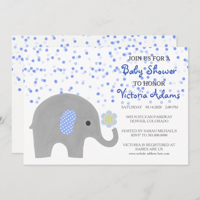 Blue Confetti Elephant Baby Shower Invitation (Front/Back)