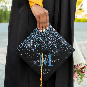 Blue Confetti Monogramme Nom du chapeau de graduat