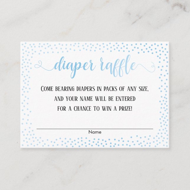 Blue Confetti, Script on White Diaper Raffle Cards (Front)
