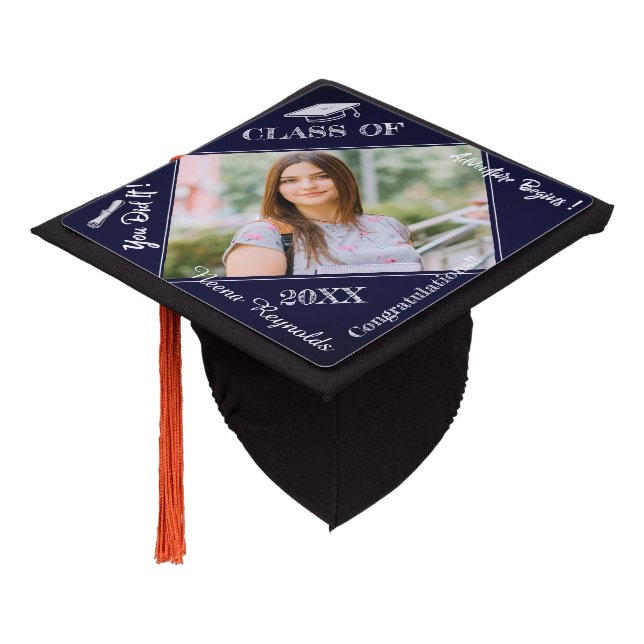 Blue Congratulations Grad Class Of 2024 Photo Graduation Cap Topper (Angled)