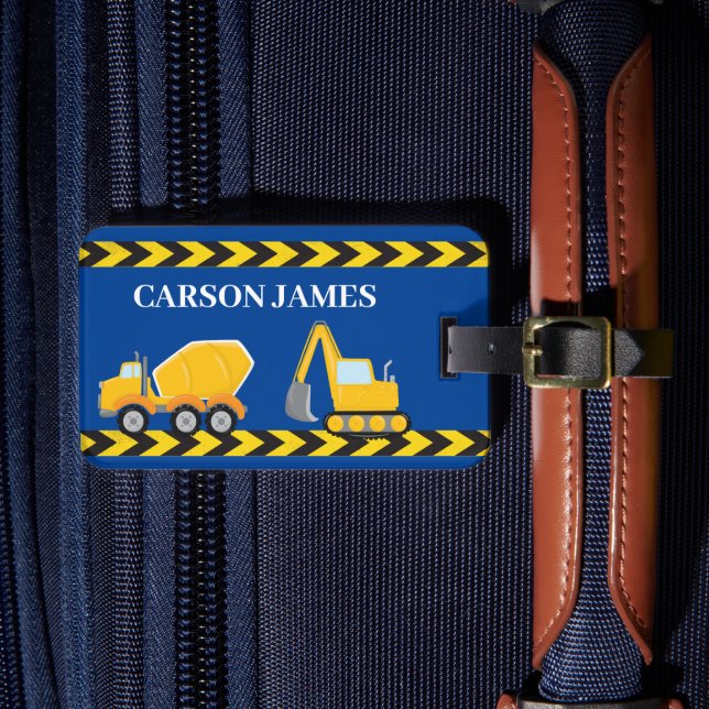Blue Construction Truck Boys Personalized Kids Luggage Tag (Front Insitu 4)