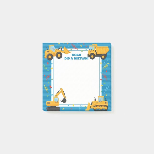 Blue Construction Trucks Personalized Mitzvah  Post-it Notes (Front)