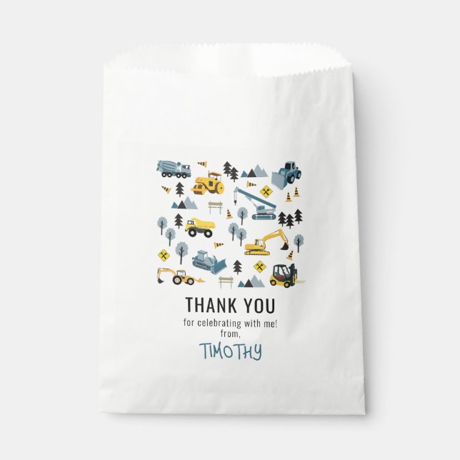 Blue Construction Trucks & Site Birthday Party Favour Bag (Front)