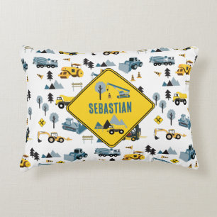Blue Construction Trucks & Site Theme Pattern  Accent Pillow