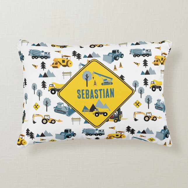 Blue Construction Trucks & Site Theme Pattern  Accent Pillow (Front)