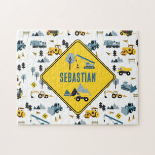 Blue Construction Trucks & Site Theme Pattern  Jigsaw Puzzle