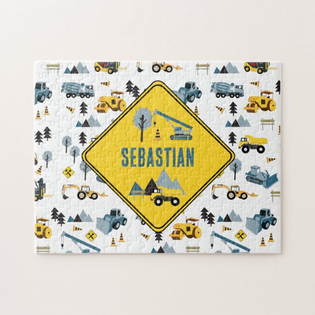 Blue Construction Trucks & Site Theme Pattern  Jigsaw Puzzle (Horizontal)