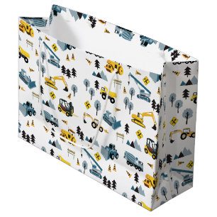 Blue Construction Trucks & Site Theme Pattern Large Gift Bag