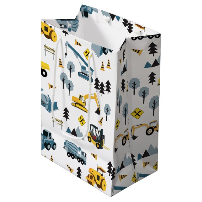 Blue Construction Trucks & Site Theme Pattern Medium Gift Bag (Front Angled)