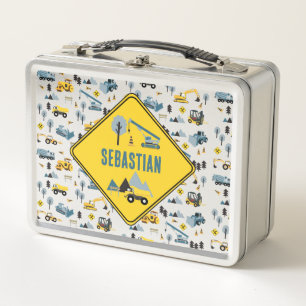 Blue Construction Trucks & Site Theme Pattern Metal Lunch Box
