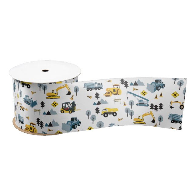 Blue Construction Trucks & Site Theme Pattern Satin Ribbon (Spool)