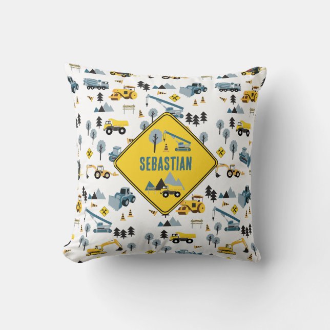 Blue Construction Trucks & Site Theme Pattern Throw Pillow (Front)