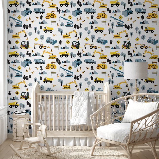 Blue Construction Trucks & Site Theme Pattern  Wallpaper (Kids)
