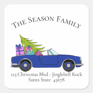 Blue Convertible Car with Christmas Gifts Square Sticker