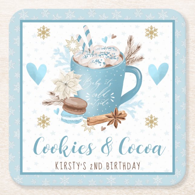Blue Cookies and Cocoa 2nd Birthday Square Paper Coaster (Front)