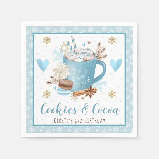 Blue Cookies & Cocoa 2nd Birthday Party Napkin (Front)