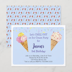 Blue Cool Ice Cream Kids Birthday Party Invitation Postcard