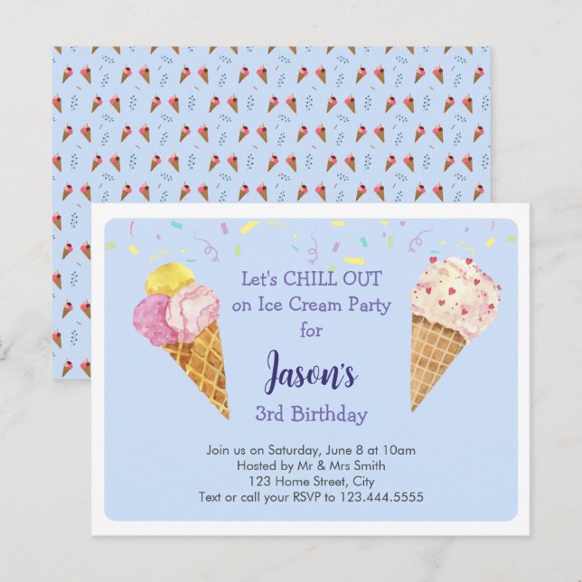 Blue Cool Ice Cream Kids Birthday Party Invitation Postcard (Front/Back)