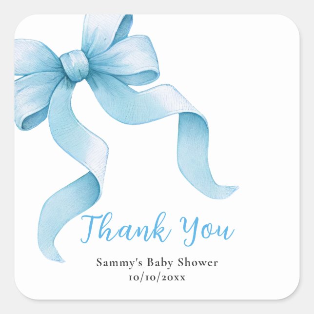 Blue Coquette Bow Baby Shower Thank You Square Sticker (Front)