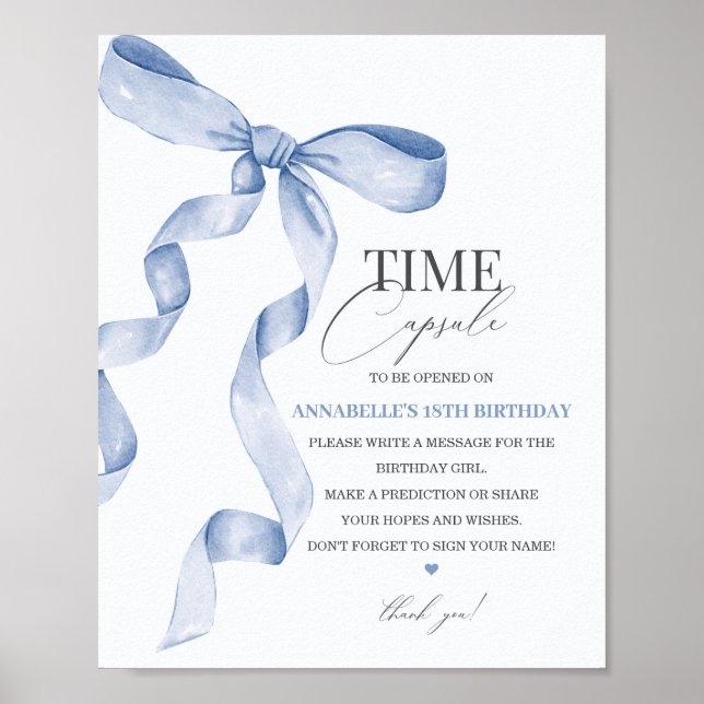 Blue Coquette Bow Birthday Time Capsule Party Sign (Front)