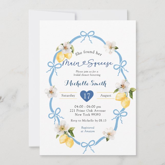 Blue Coquette Bow Blue Lemon Main Squeeze Invitation (Front)