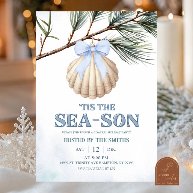 Blue Coquette Bow Coastal Christmas  Invitation (Creator Uploaded)