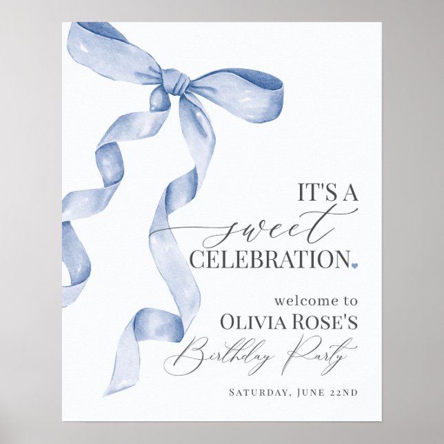 Blue Coquette Bow Girl Birthday Party Affiche de b (Devant)