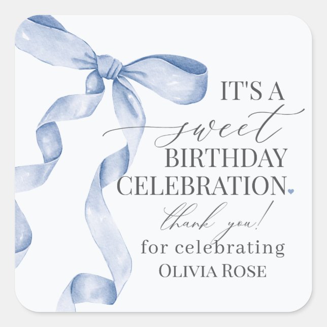 Blue Coquette Bow Girl Birthday Party Favour Square Sticker (Front)