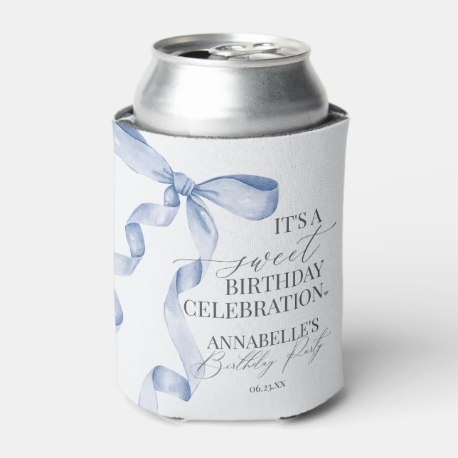 Blue Coquette Bow Girl Birthday Party Favours Can Cooler (Can Front)