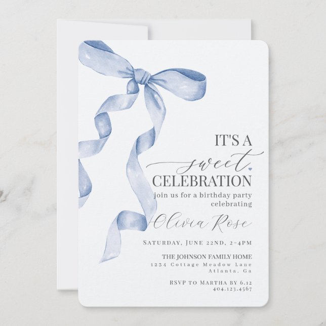 Blue Coquette Bow Girl Birthday Party Invitation (Front)