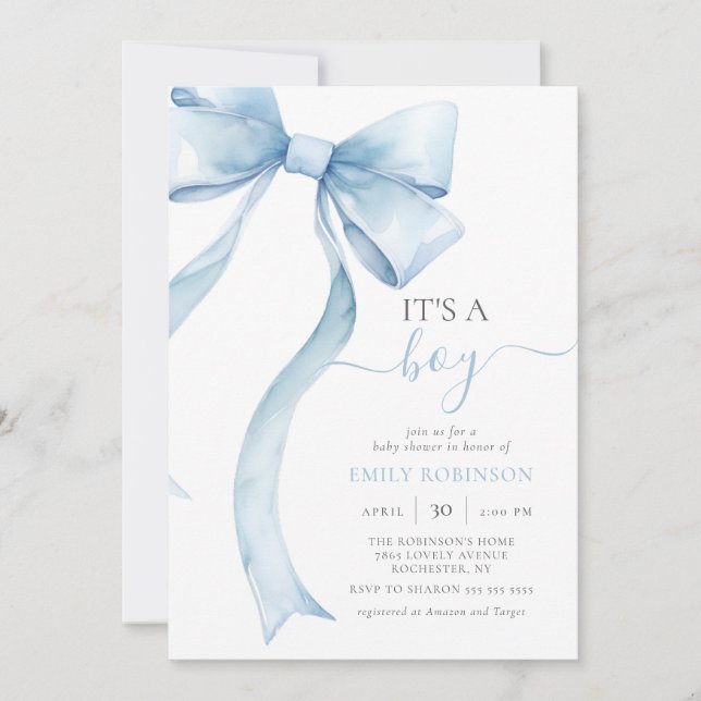 Blue Coquette Bow It's A Boy Baby Shower Gingham Invitation (Front)