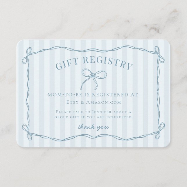 Blue Coquette Bow Pastel Baby Shower Registry Enclosure Card (Front)