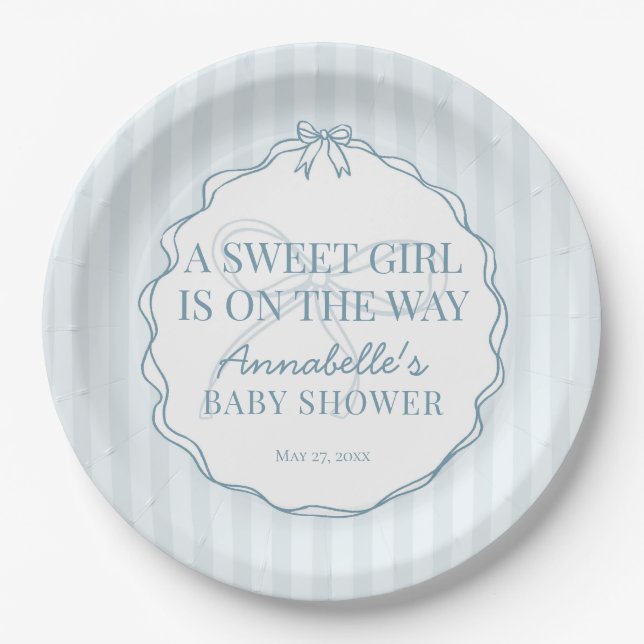 Blue Coquette Bow Pastel Baby Shower Table Decor Paper Plate (Front)