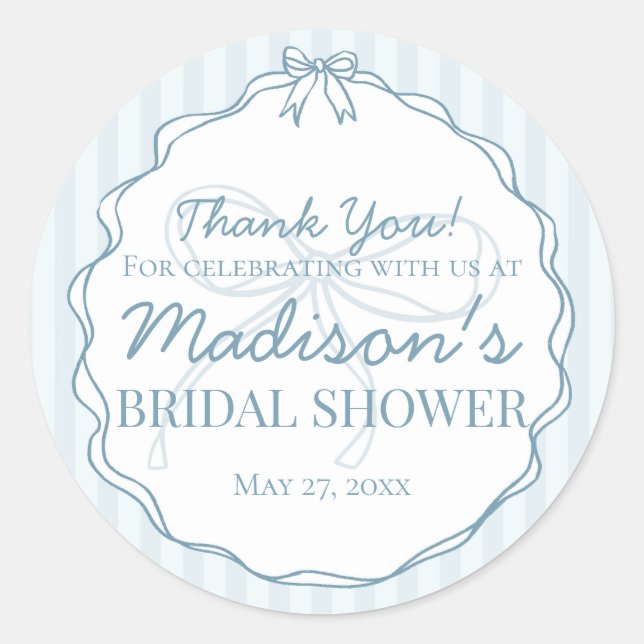 Blue Coquette Bow Pastel Bridal Shower Favour Classic Round Sticker (Front)