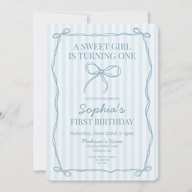 Blue Coquette Bow Pastel Striped Birthday Party Invitation (Front)