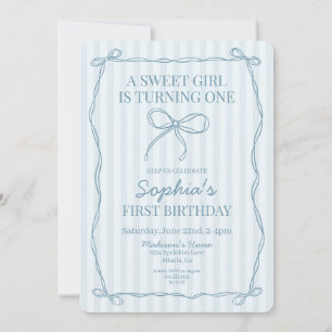 Blue Coquette Bow Pastel Striped Birthday Party Invitation