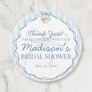 Blue Coquette Bow Pastel Striped Bridal Shower Favour Tags